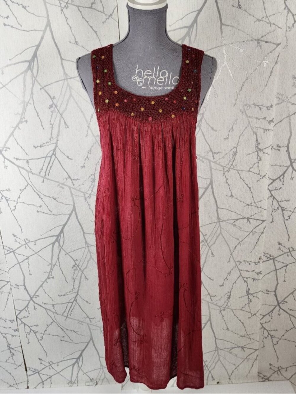 Pina Red Crinkle Crochet Round Neck Flowy Swing Dress
